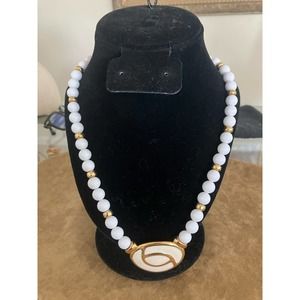 Napier gold tone white beaded ball with HUGE cream pendant 25 inch necklace